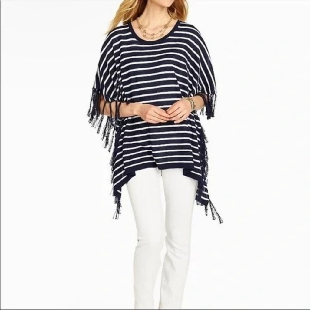 Talbots Striped Knit Poncho Wrap Navy Blue White With Tassels Size Medium